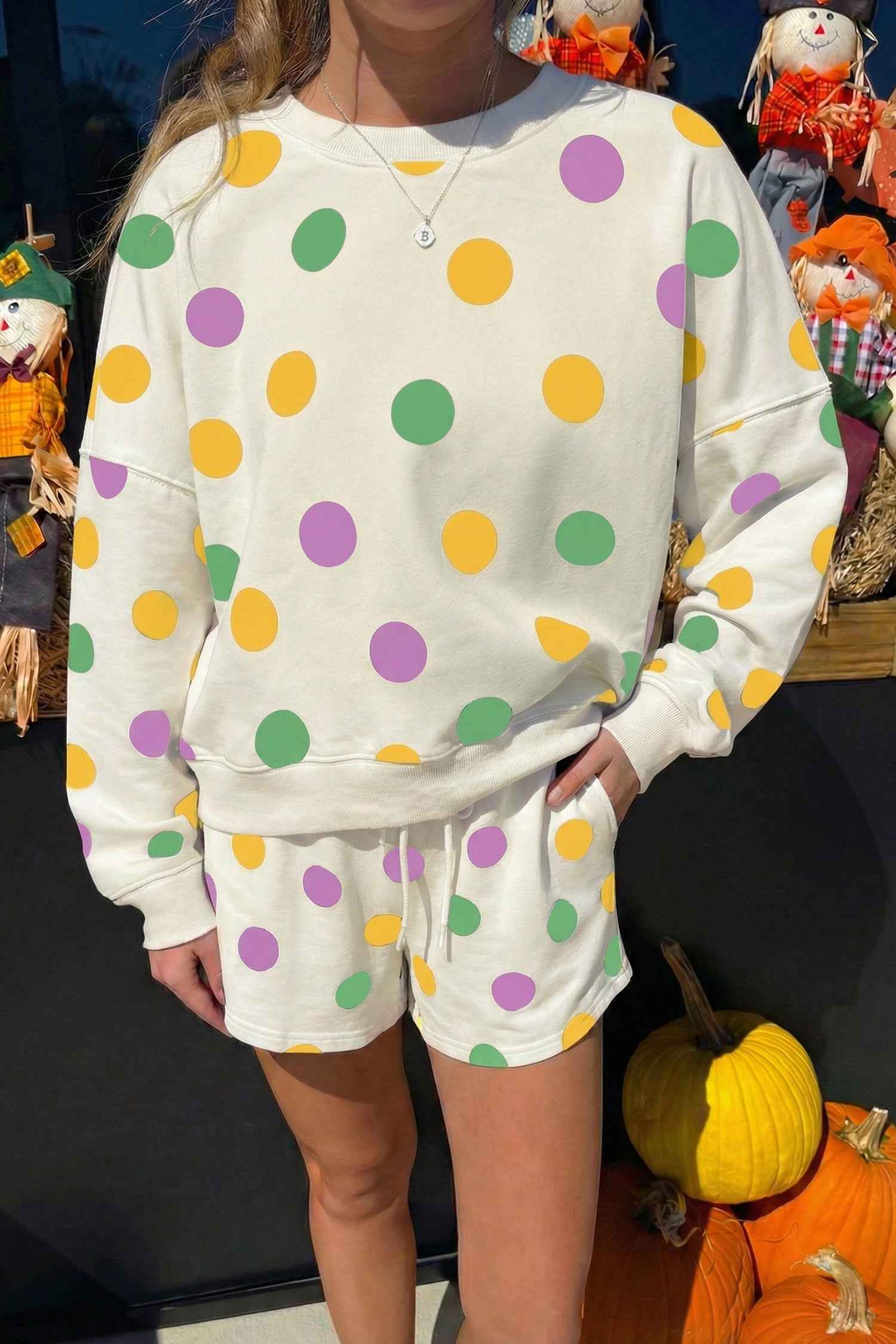 Multicolour Polka Dot Print Drop Shoulder Pullover Drawstring Shorts Set by Dear-Lover Dropshipping