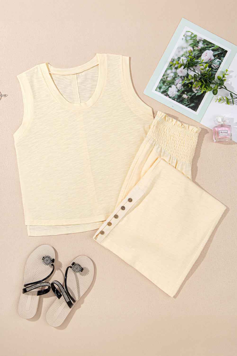 Beige Solid Color Tank Top and Smocked Waist Pants Set by Wild and Free Boutique
