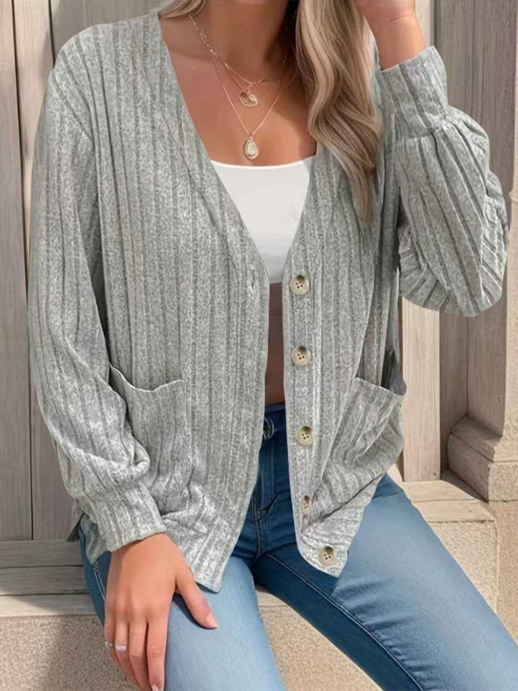 Full Size Button Up V-Neck Long Sleeve Cardigan by Wild and Free Boutique
