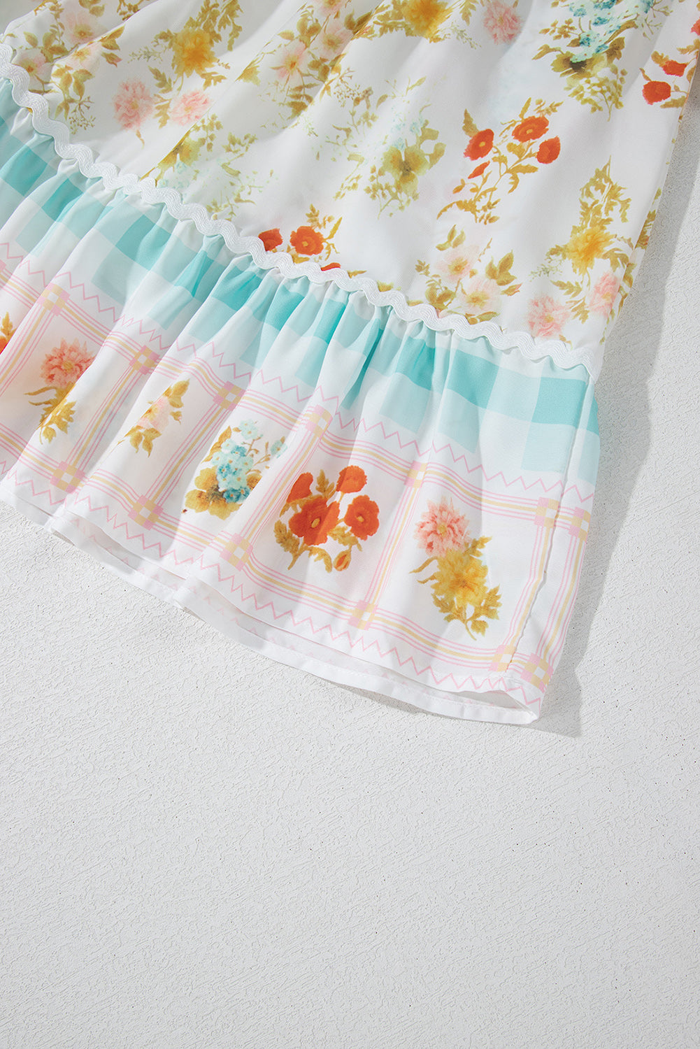 Pink Ric Rac Plaid Floral Print Patchwork Bubble Sleeve Dress by Wild and Free Boutique