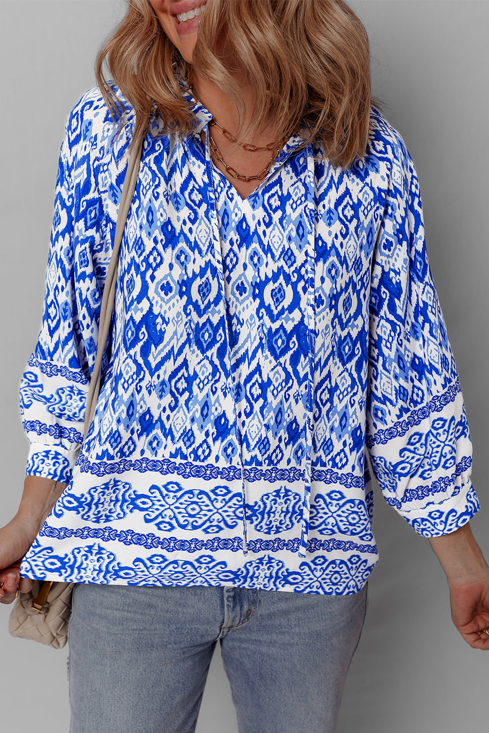 Blue Boho Printed 3/4 Sleeve Tied Neck Blouse by Wild and Free Boutique
