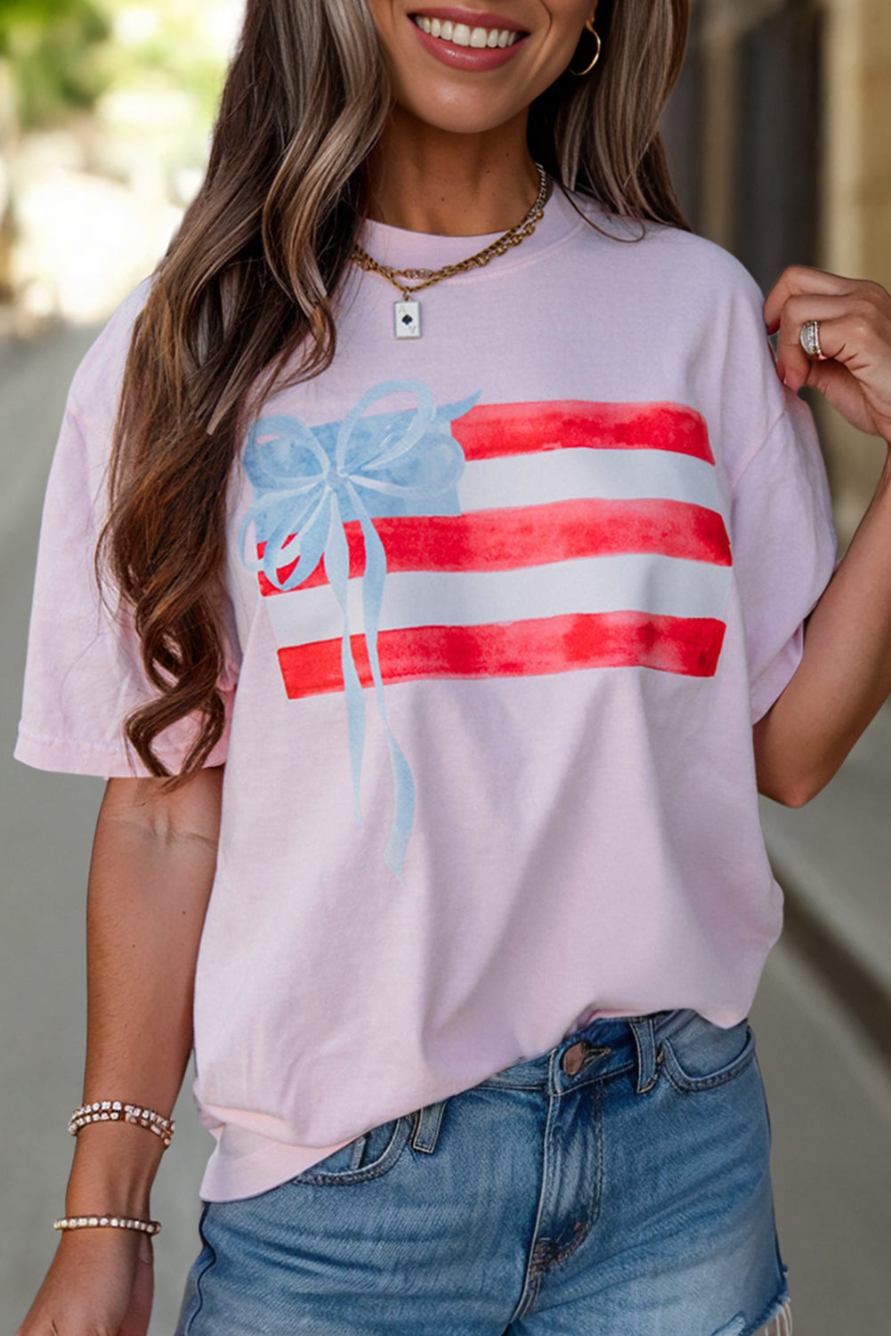 Light Pink Flag Bow Graphic Crewneck Tee by Dear-Lover Dropshipping