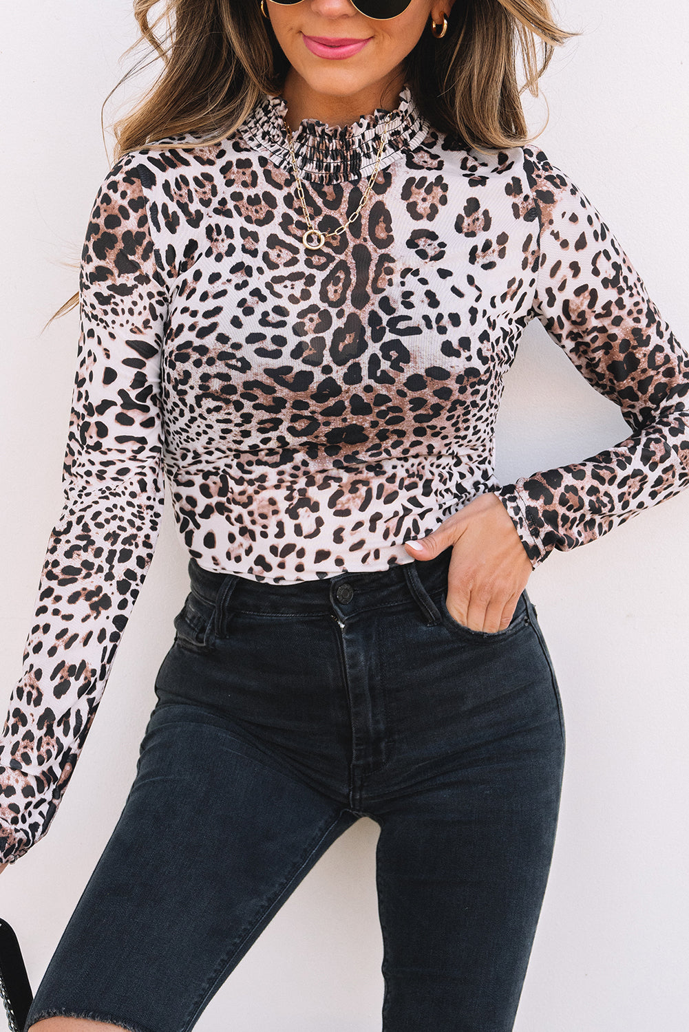Brown Leopard Smocked Neck Mesh Long Sleeve Bodysuit by Dear-Lover Dropshipping
