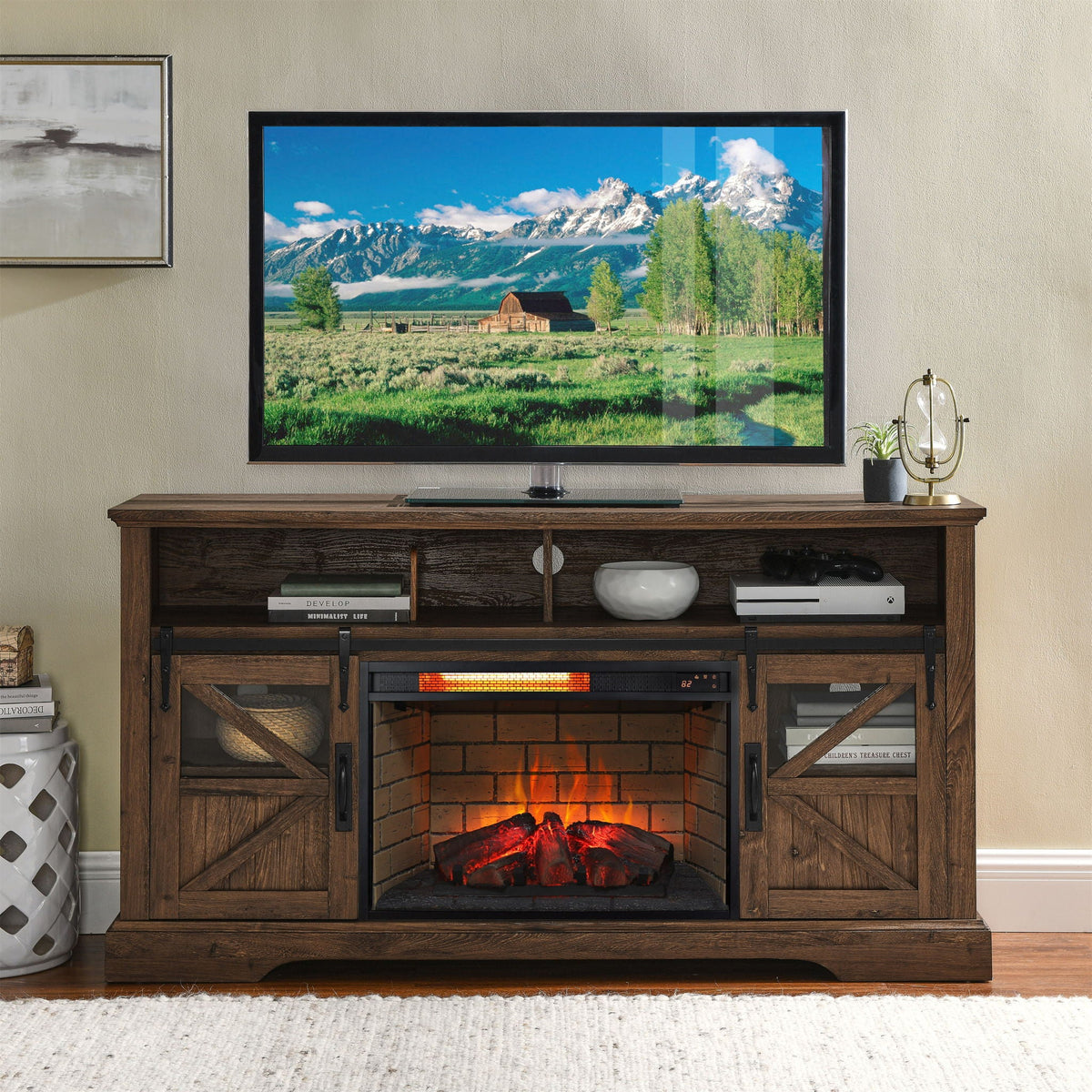Infrared Quartz Heater Fireplace Insert -Woodlog Version With Brick by Unique Piece Furniture