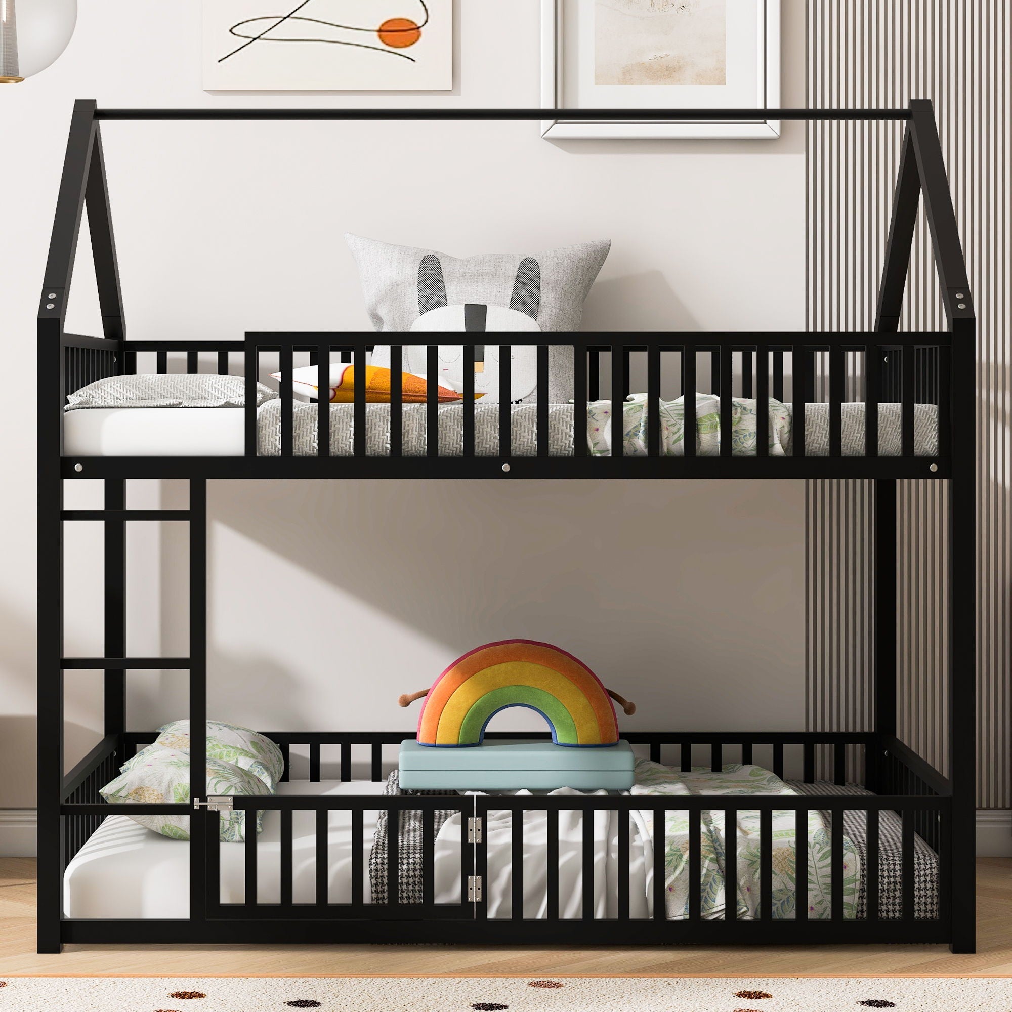 Metal House Bunk Bed With Fence And Door by Unique Piece Furniture