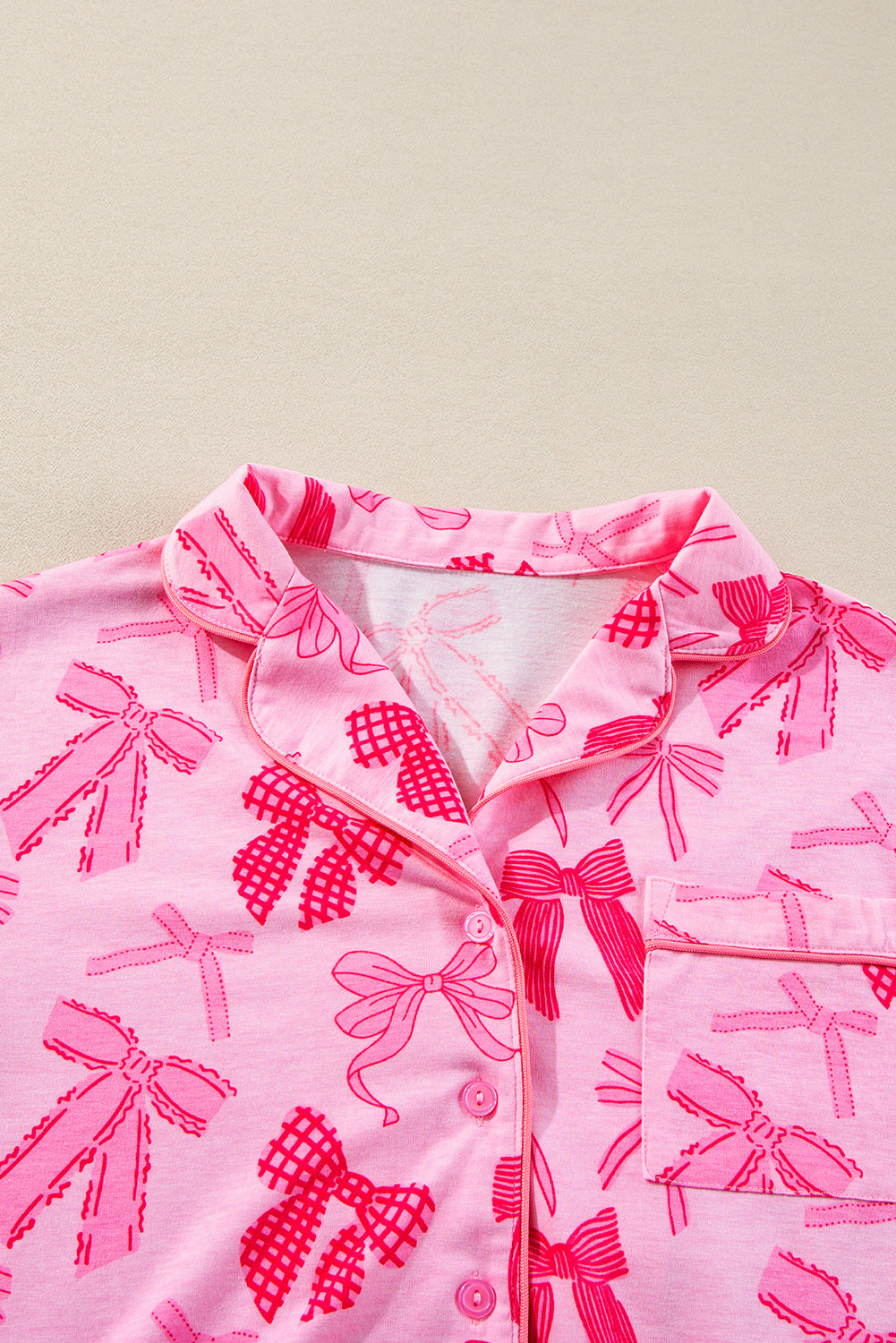 Pink Bow Knot Print Lapel Collar Short Sleeve and Pants Pajamas Set by Dear-Lover Dropshipping