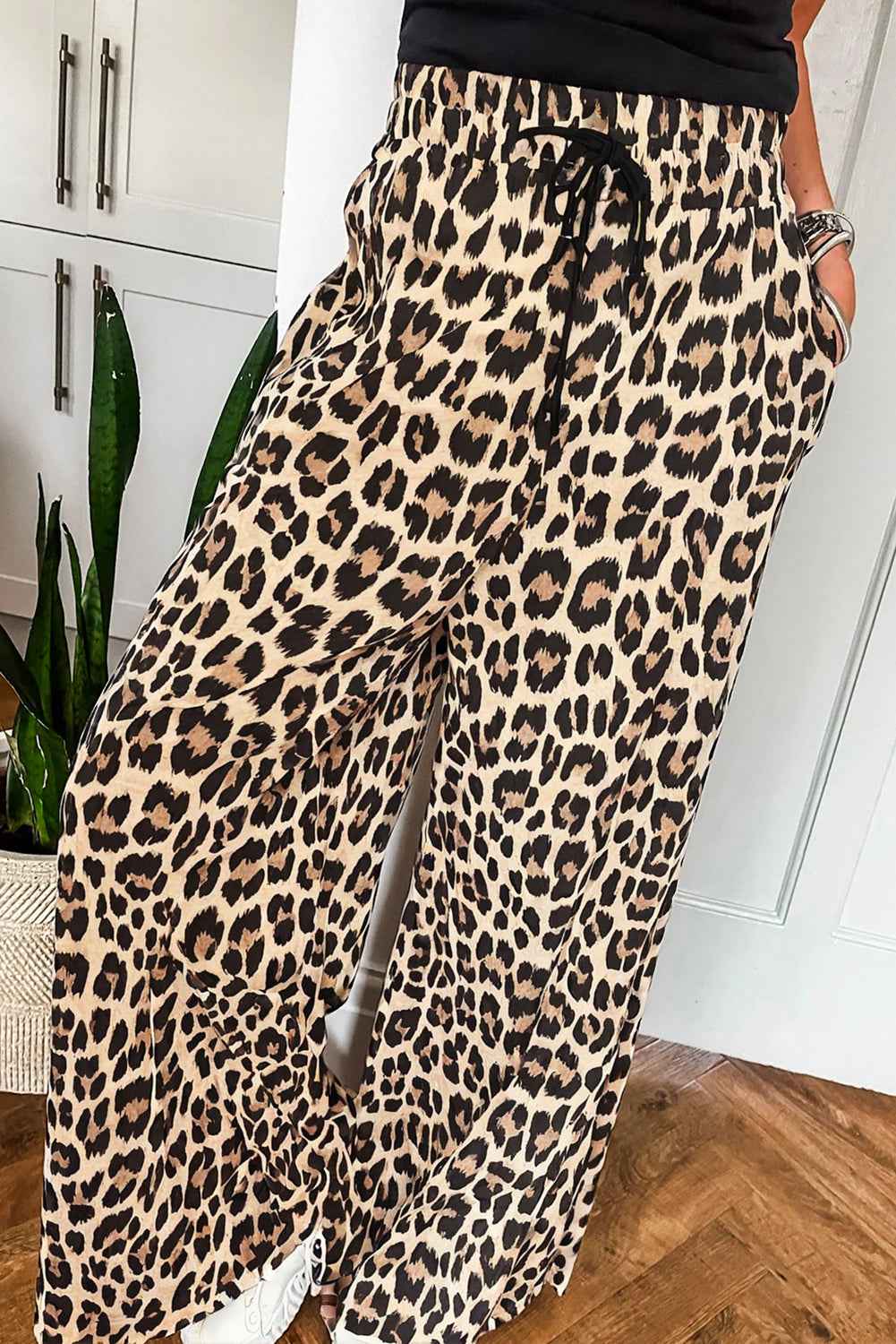 Parchment Leopard Drawstring Elastic Waistband Flowy Wide Leg Pants by Dear-Lover Dropshipping