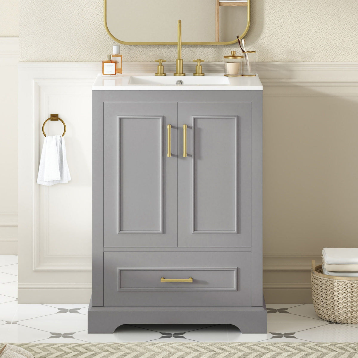 Bathroom Vanity With Sink, 1 Divided Drawer And 2 Soft Close Doors With Double Shelf by Unique Piece Furniture