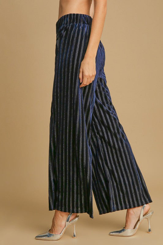 Umgee Full Size Elastic Waist Striped Wide Leg Velvet Pants by Wild and Free Boutique