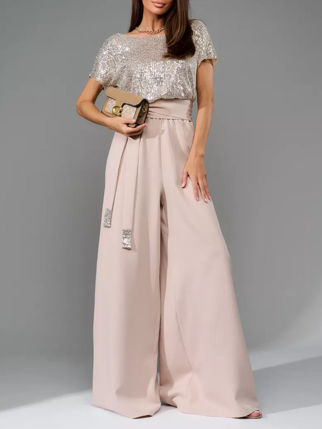 Full Size Sequin Round Neck Short Sleeve Wide Leg Jumpsuit by Wild and Free Boutique