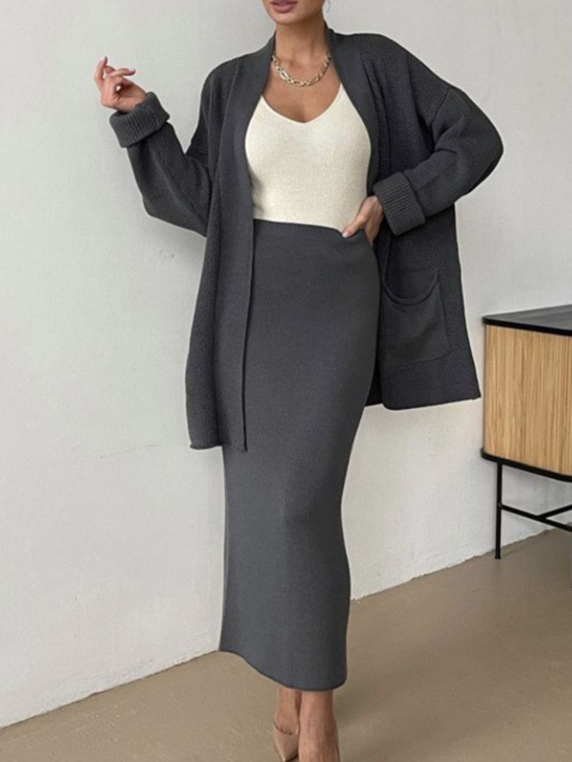 Pocketed Long Sleeve Cardigan and Skirt Sweater Set by Wild and Free Boutique