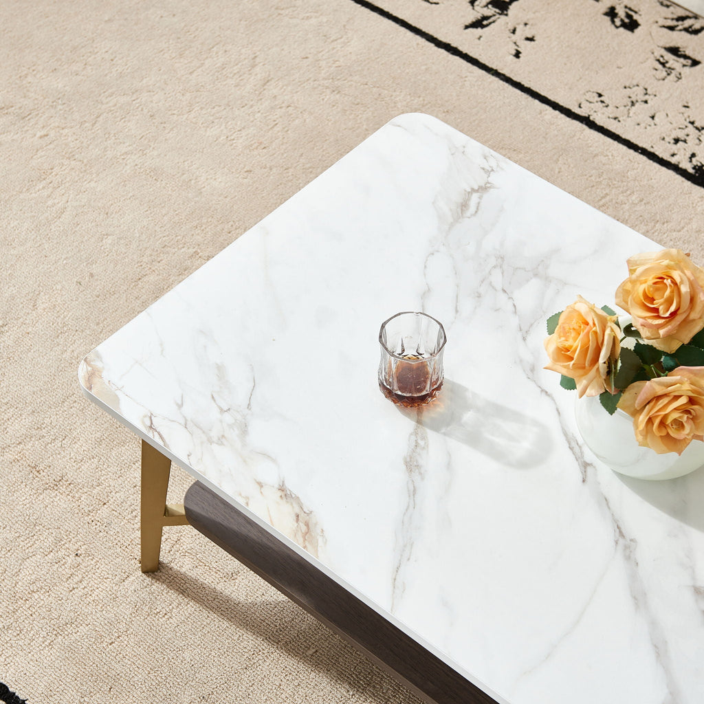 Coffee Table Rectangular Center Table For Living Room Open Space Side Table With Metal Frame - Golden / White by Unique Piece Furniture