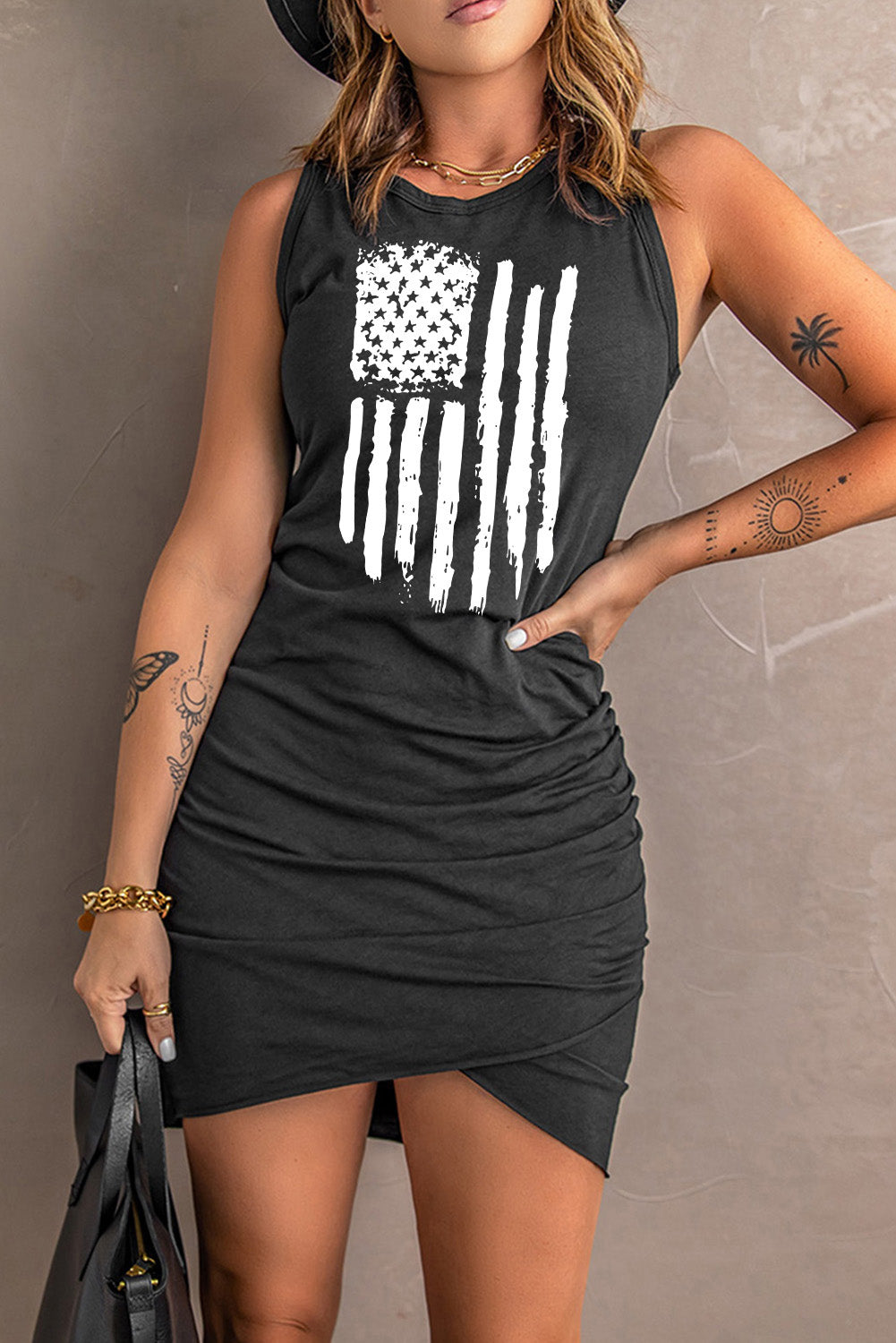 US Flag Graphic Tulip Hem Ruched Sleeveless Dress by Simply Love