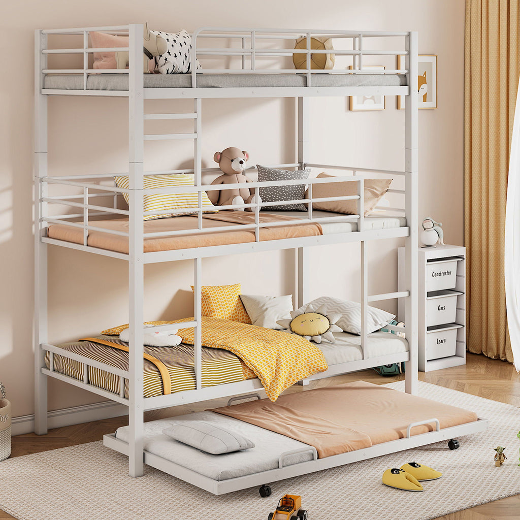 Triple Bunk Bed With Trundle, Heavy Duty Steel Construction by Unique Piece Furniture