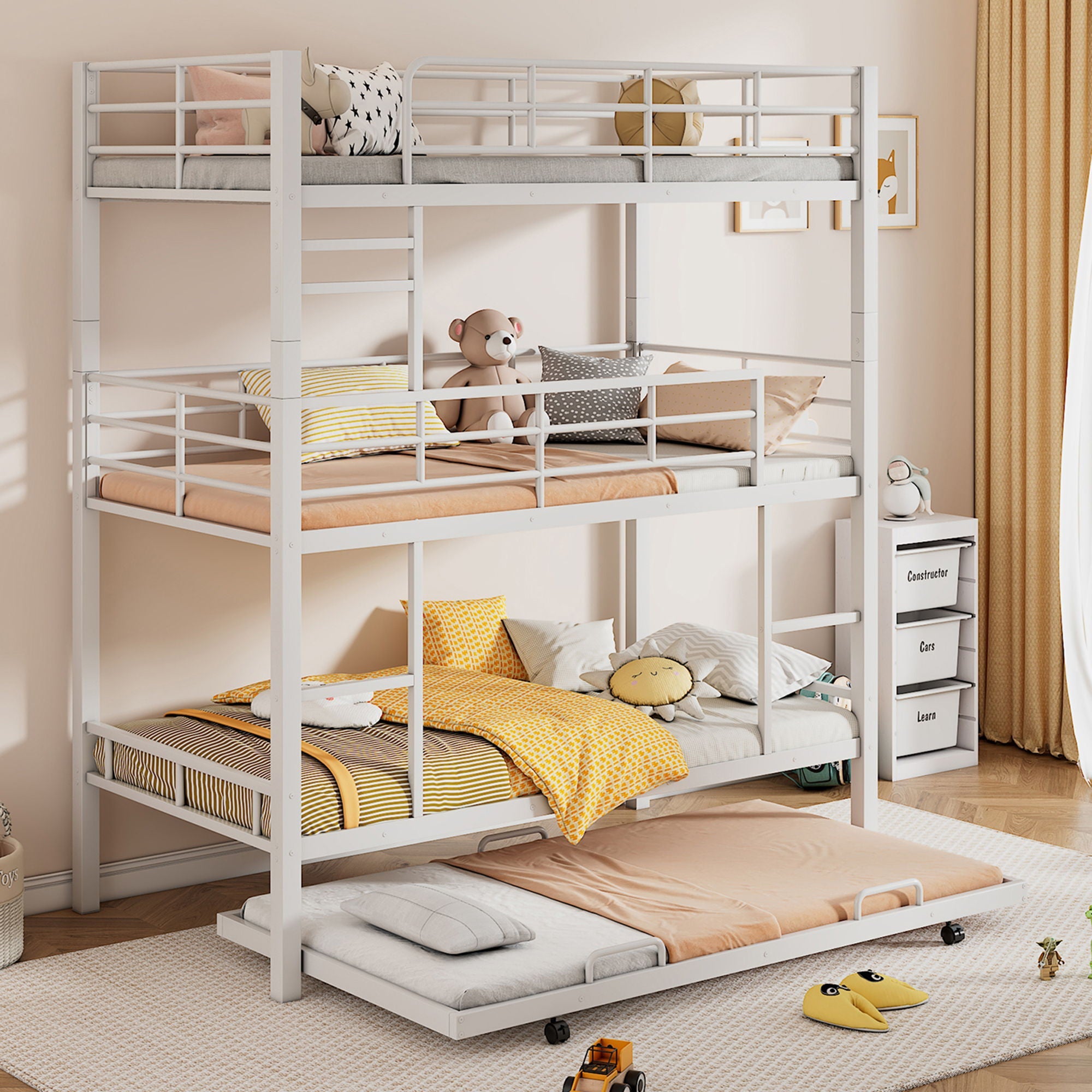 Triple Bunk Bed With Trundle, Heavy Duty Steel Construction by Unique Piece Furniture