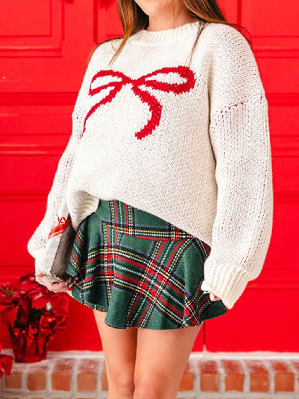 Bow Round Neck Dropped Shoulder Sweater by Wild and Free Boutique
