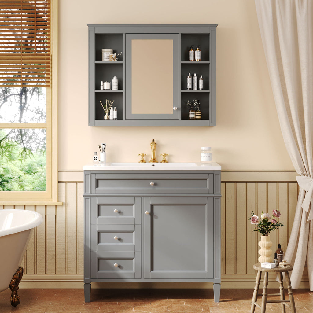 Bathroom Vanity With Mirror Cabinet, Single Sink With 2 Soft Closing Doors And 4 Drawers by Unique Piece Furniture