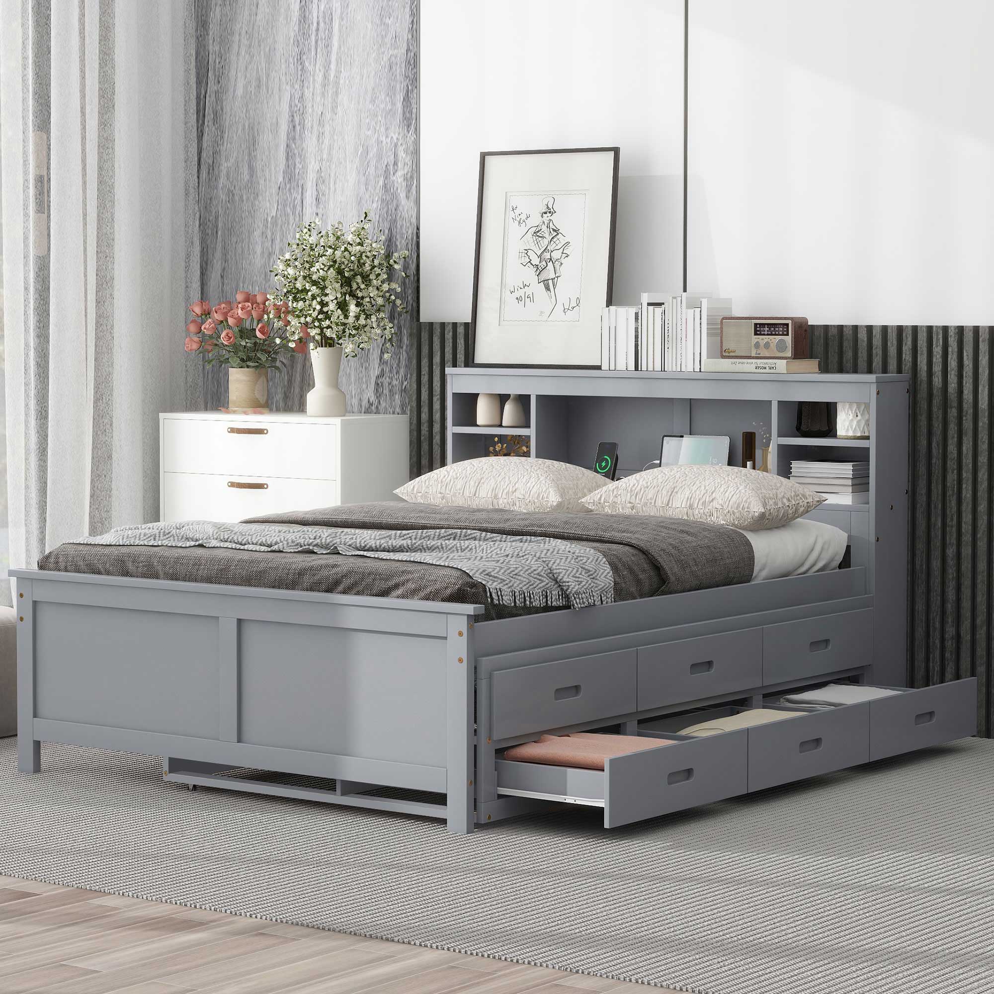 Platform Bed With Storage Headboard, USB, Trundle And 3 Drawers by Unique Piece Furniture