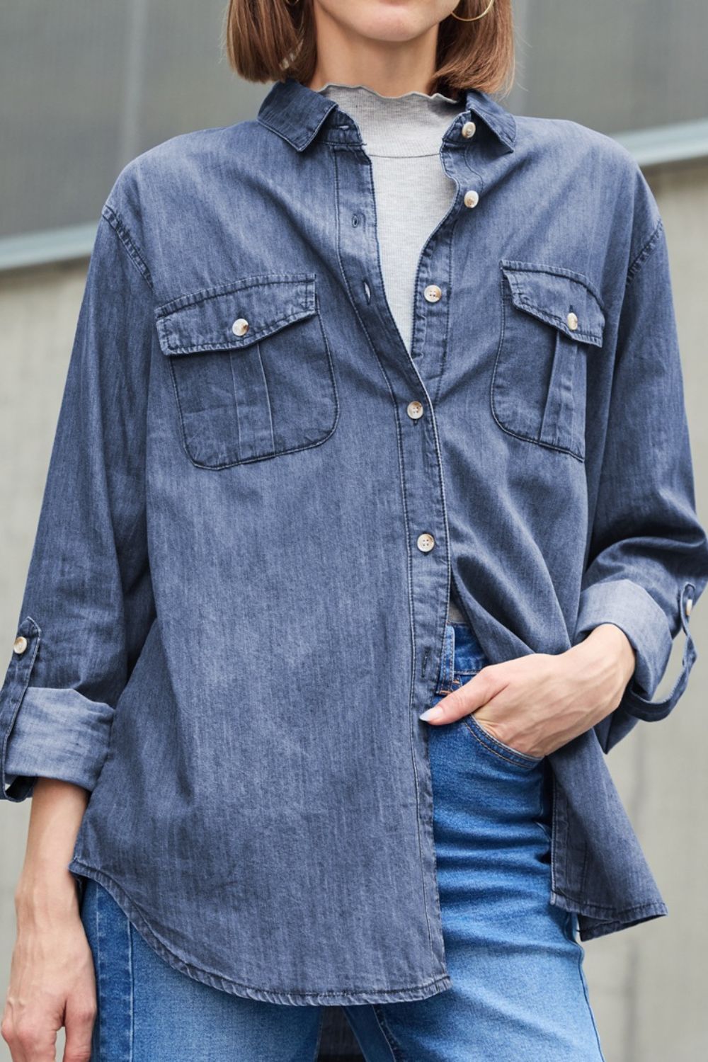 Pocketed Collared Neck Long Sleeve Denim Top by Wild and Free Boutique