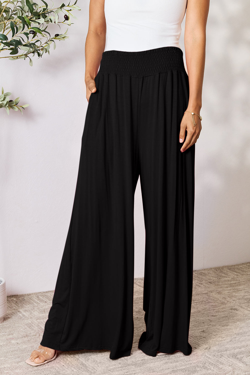 Double Take Full Size Smocked Wide Waistband Wide Leg Pants by Wild and Free Boutique