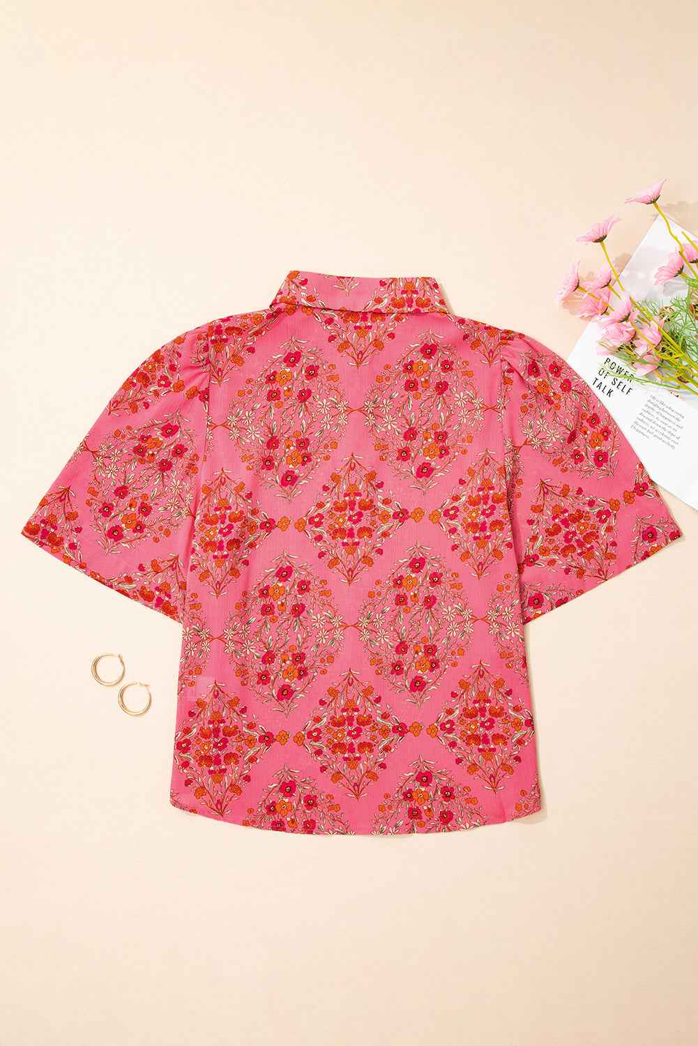 Rose Red Floral Print Wide Short Sleeve Loose Shirt by Wild and Free Boutique