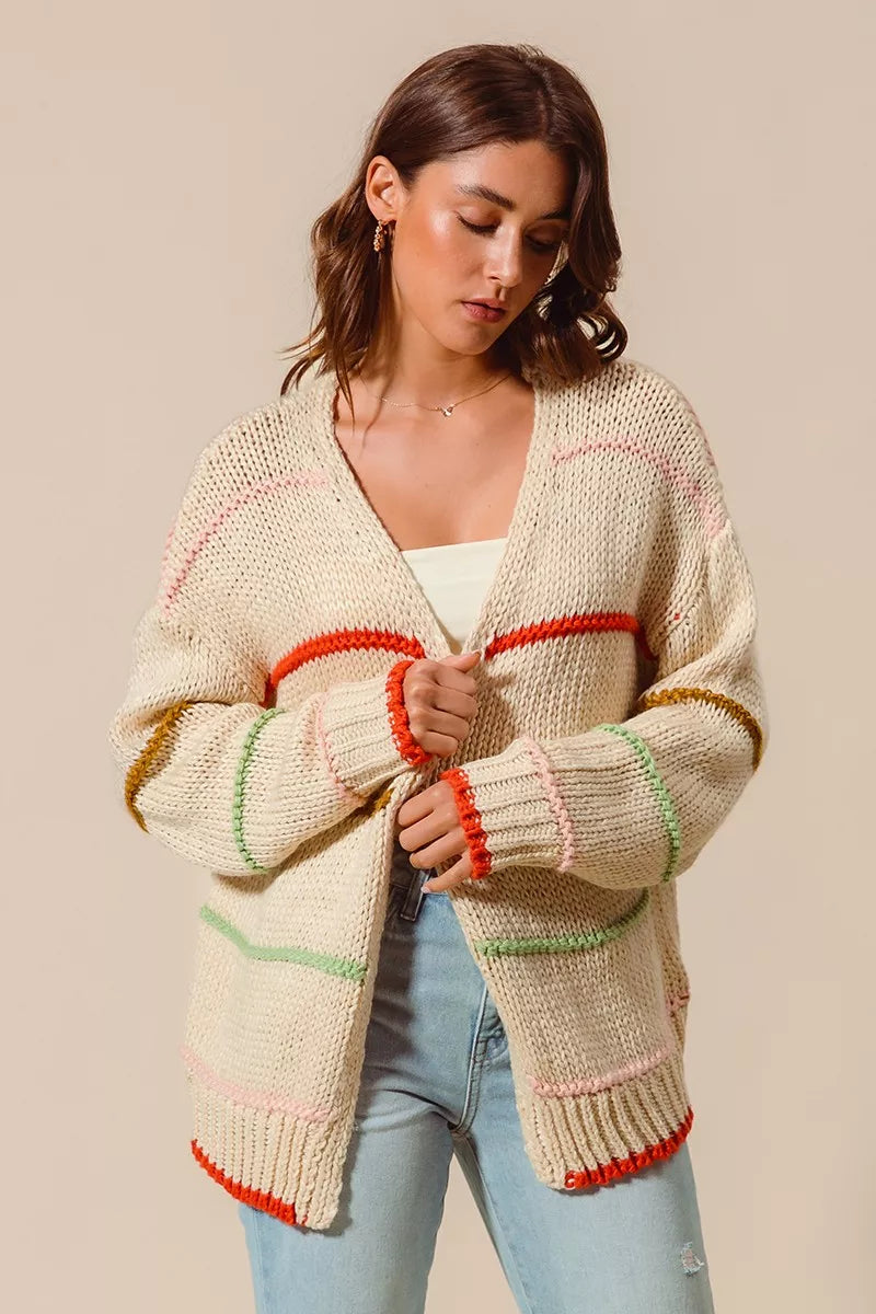 SO ME Loose Fit Multi Stripe Open Front Cardigan by FitiqueFit