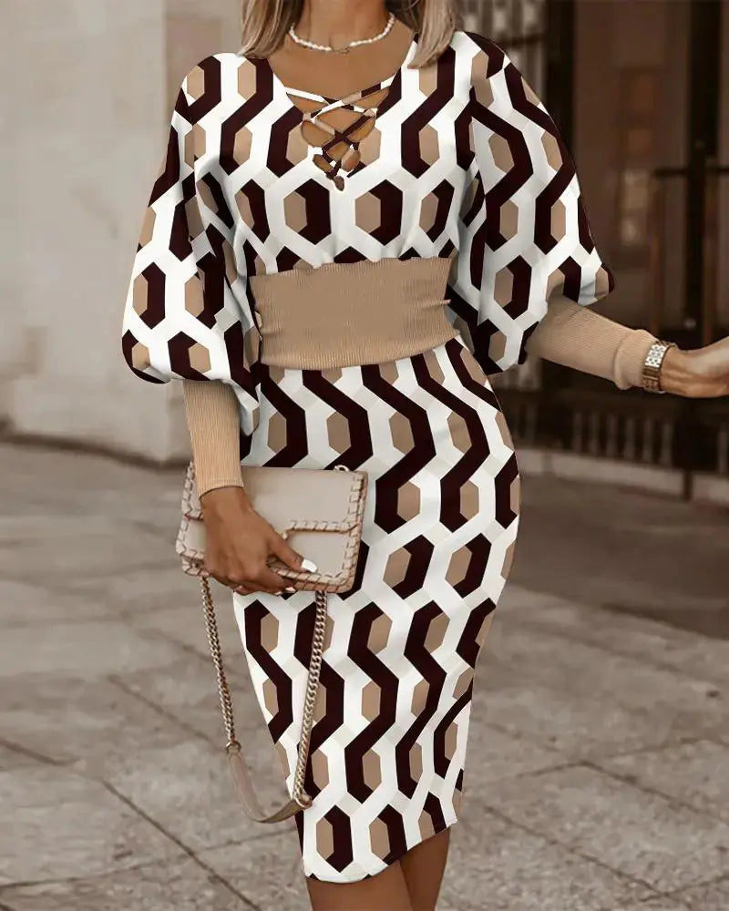 Elegant Women's V-Neck Long Sleeve Pencil Dress by Trendy Attic Store01