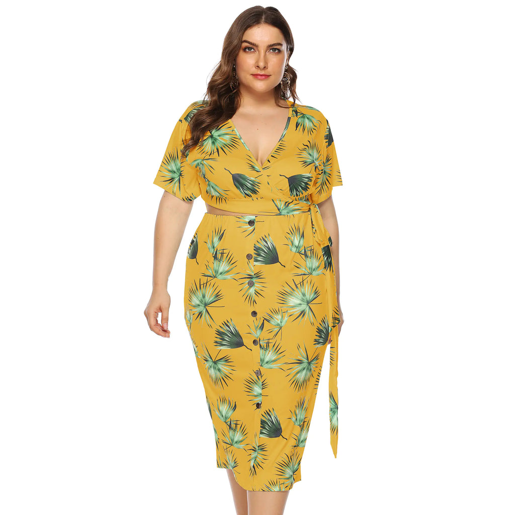 Plus Size Printed V-Neck Crop Dress Two-Piece Set by Trendy Attic Store01