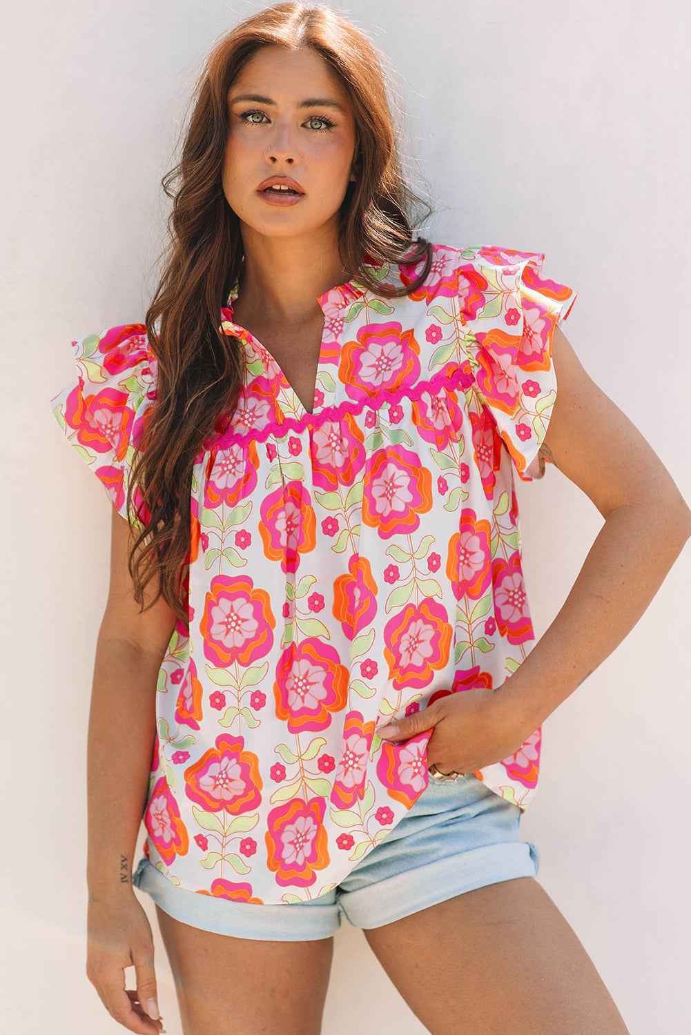 Rose Floral Ruffled Sleeve Ric-rac Trim Split Neck Loose Blouse by Dear-Lover Dropshipping