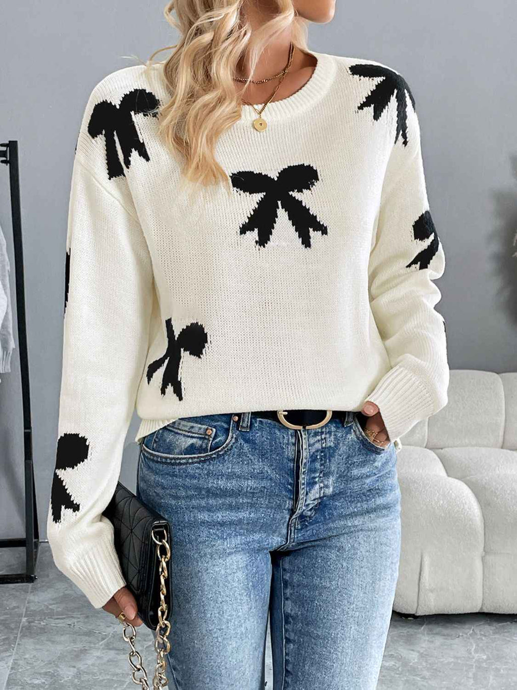 Perfee Bow Graphic Round Neck Long Sleeve Sweater by Wild and Free Boutique