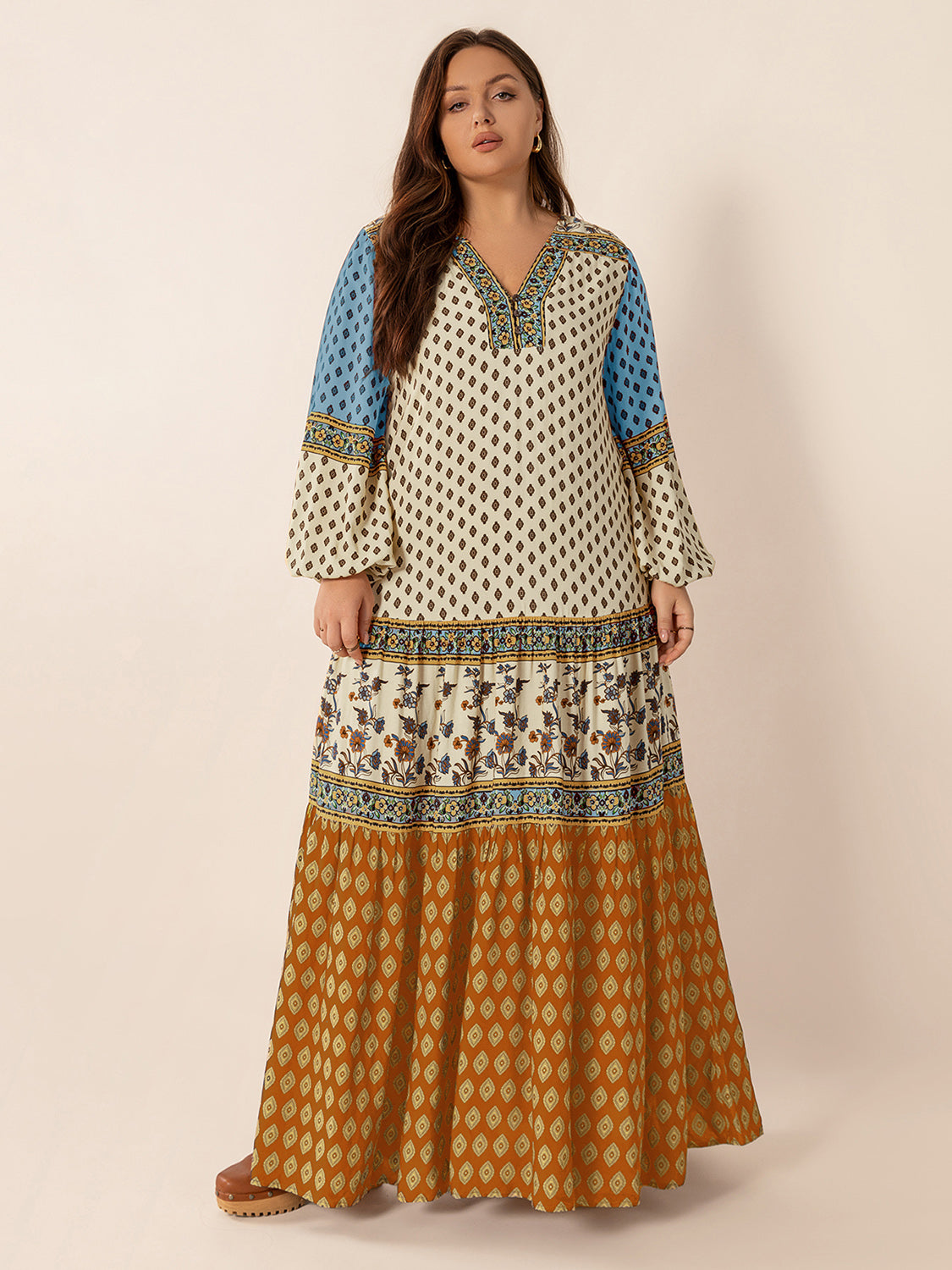 Plus Size Printed V-Neck Balloon Sleeve Maxi Dress by Wild and Free Boutique