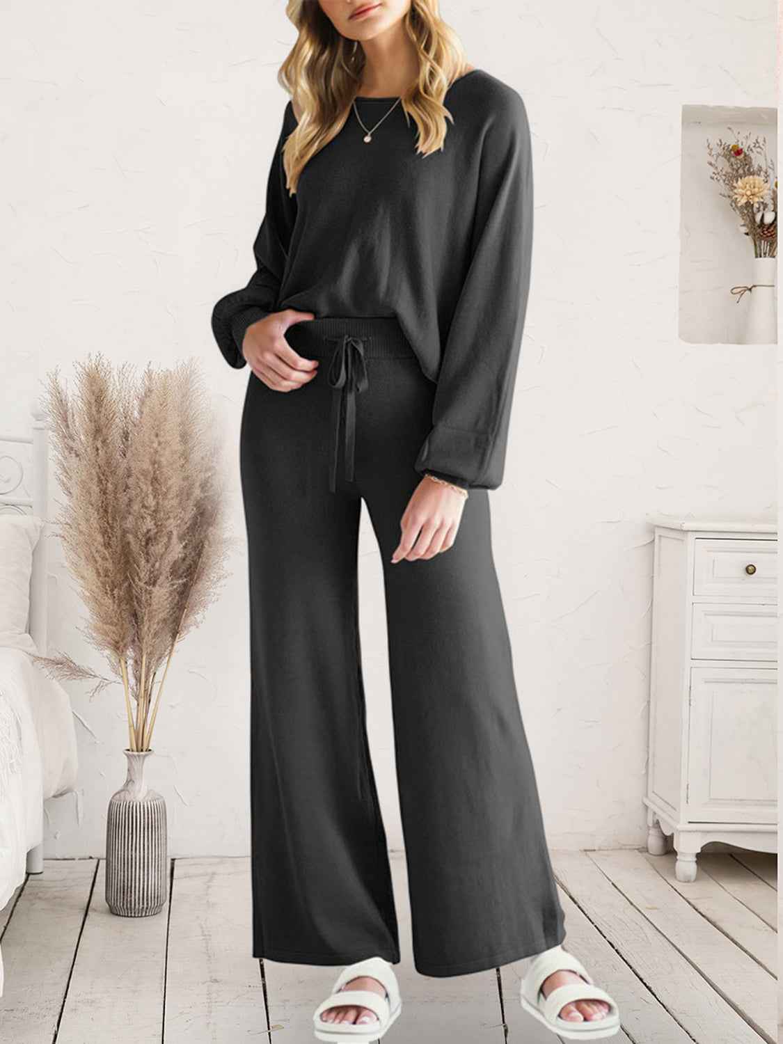 Long Sleeve Lounge Top and Drawstring Pants Set by Wild and Free Boutique