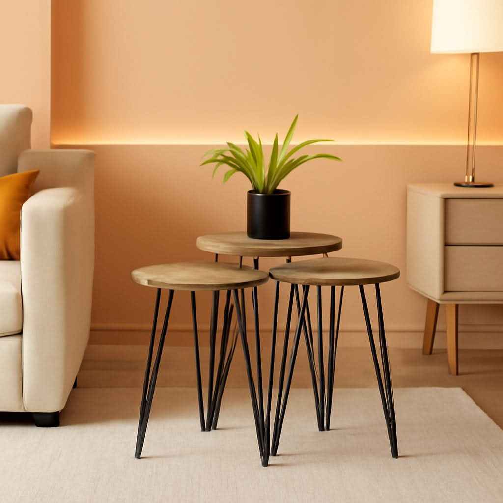 Grey Pine Wood Round Nesting End Tables Set Of 3 With Metal Frame by ShipItFurniture
