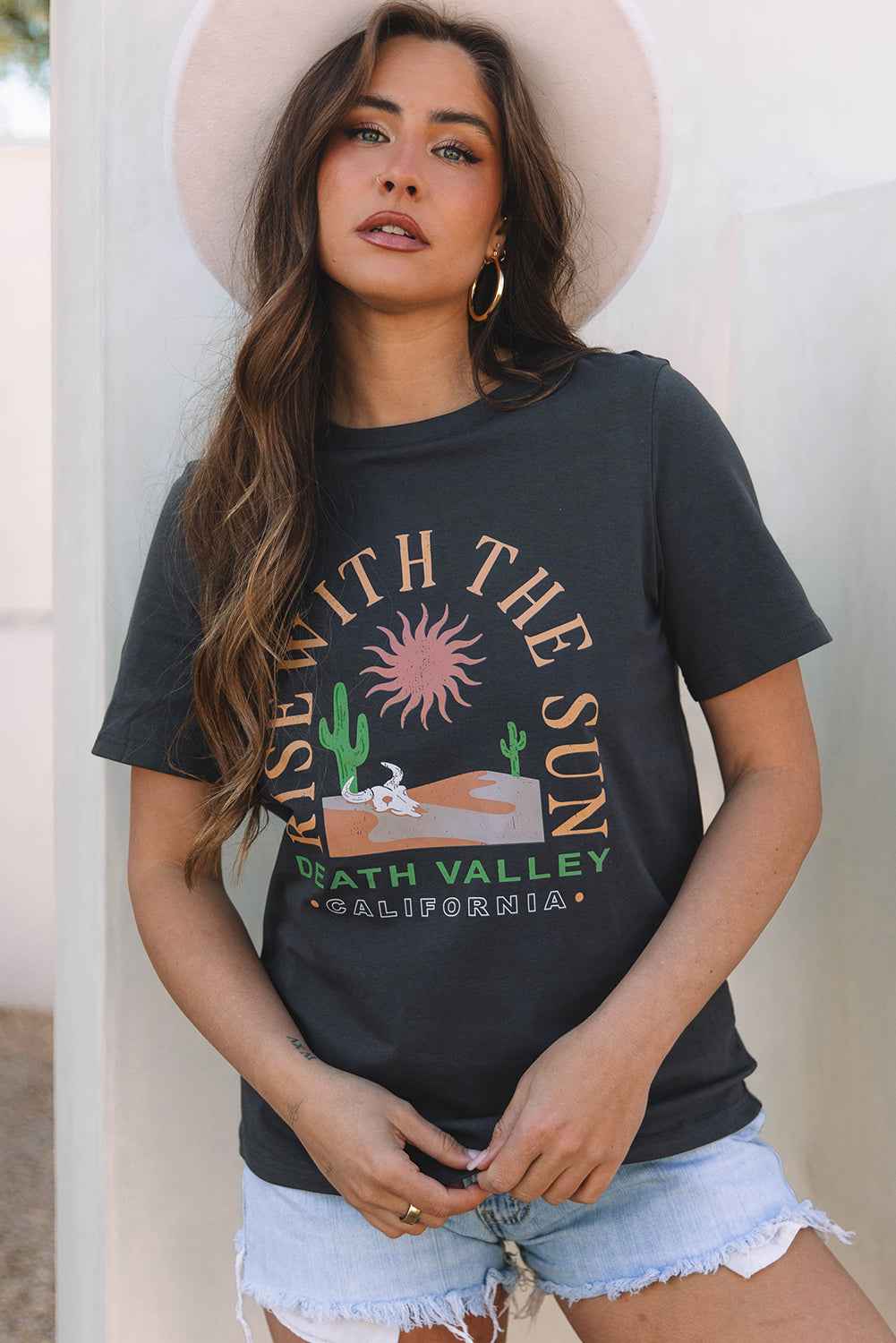Dark Grey RISE WITH THE SUN Western Fashion Graphic Tee by Dear-Lover Dropshipping
