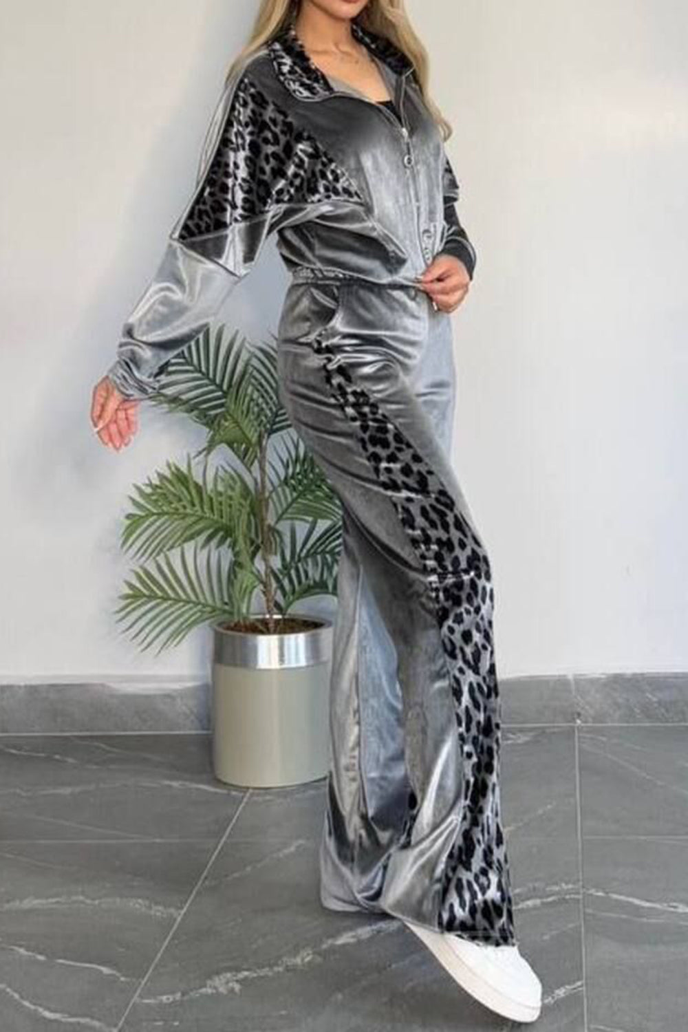 Full Size Collared Neck Leopard Zip Up Top and Pants Set Plus Size by Wild and Free Boutique