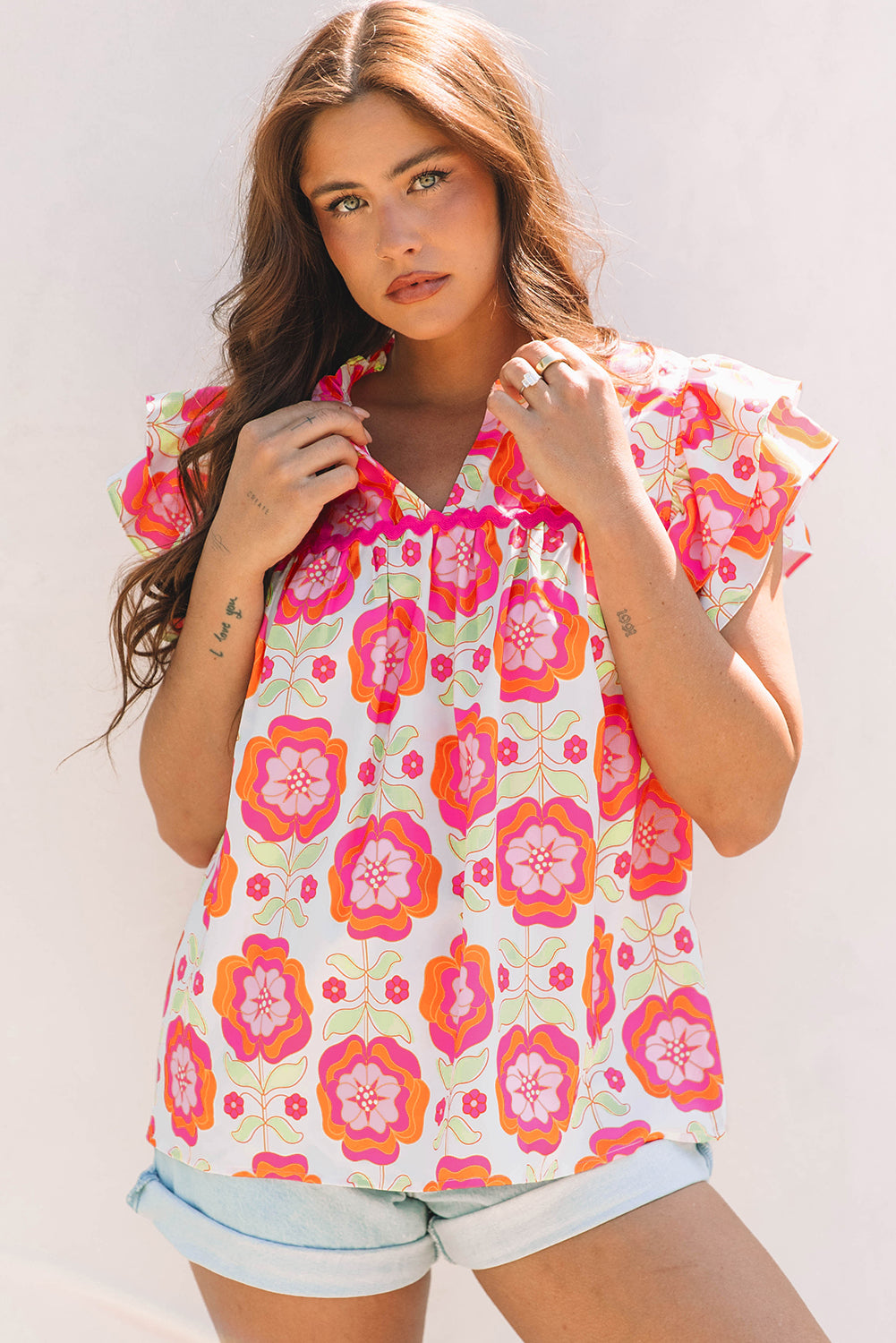 Rose Floral Ruffled Sleeve Ric-rac Trim Split Neck Loose Blouse by Dear-Lover Dropshipping