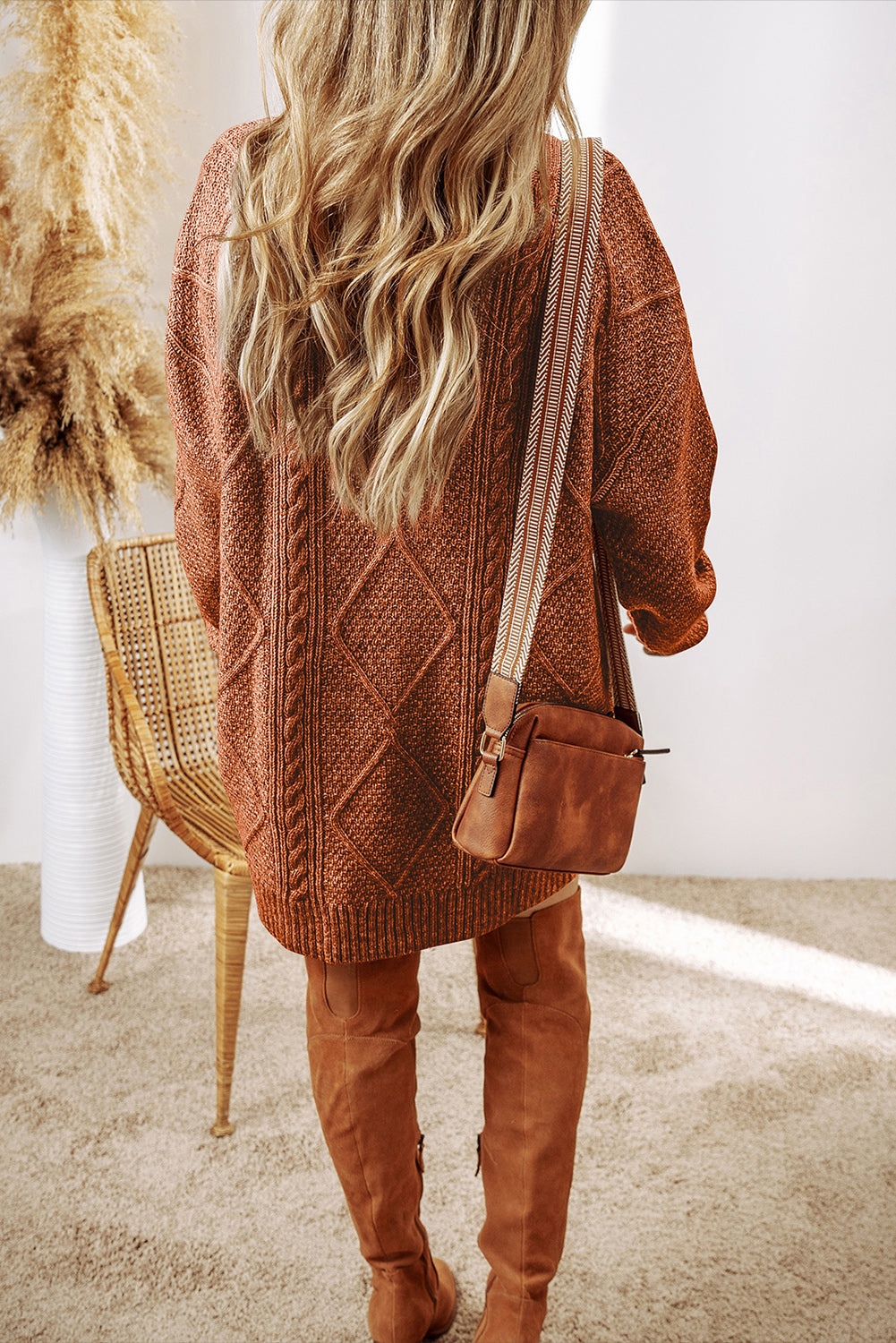 Coffee Cable Knit Drop Shoulder Loose Fit Sweater Dress by Dear-Lover Dropshipping