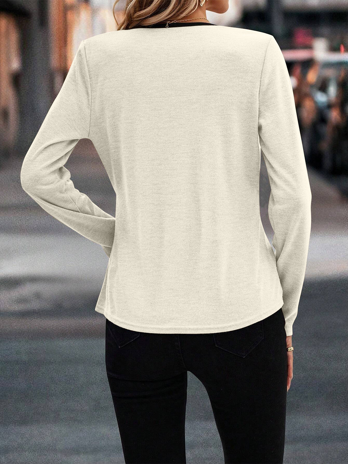 Full Size Crisscross Contrast Trim Long Sleeve T-Shirt by Wild and Free Boutique