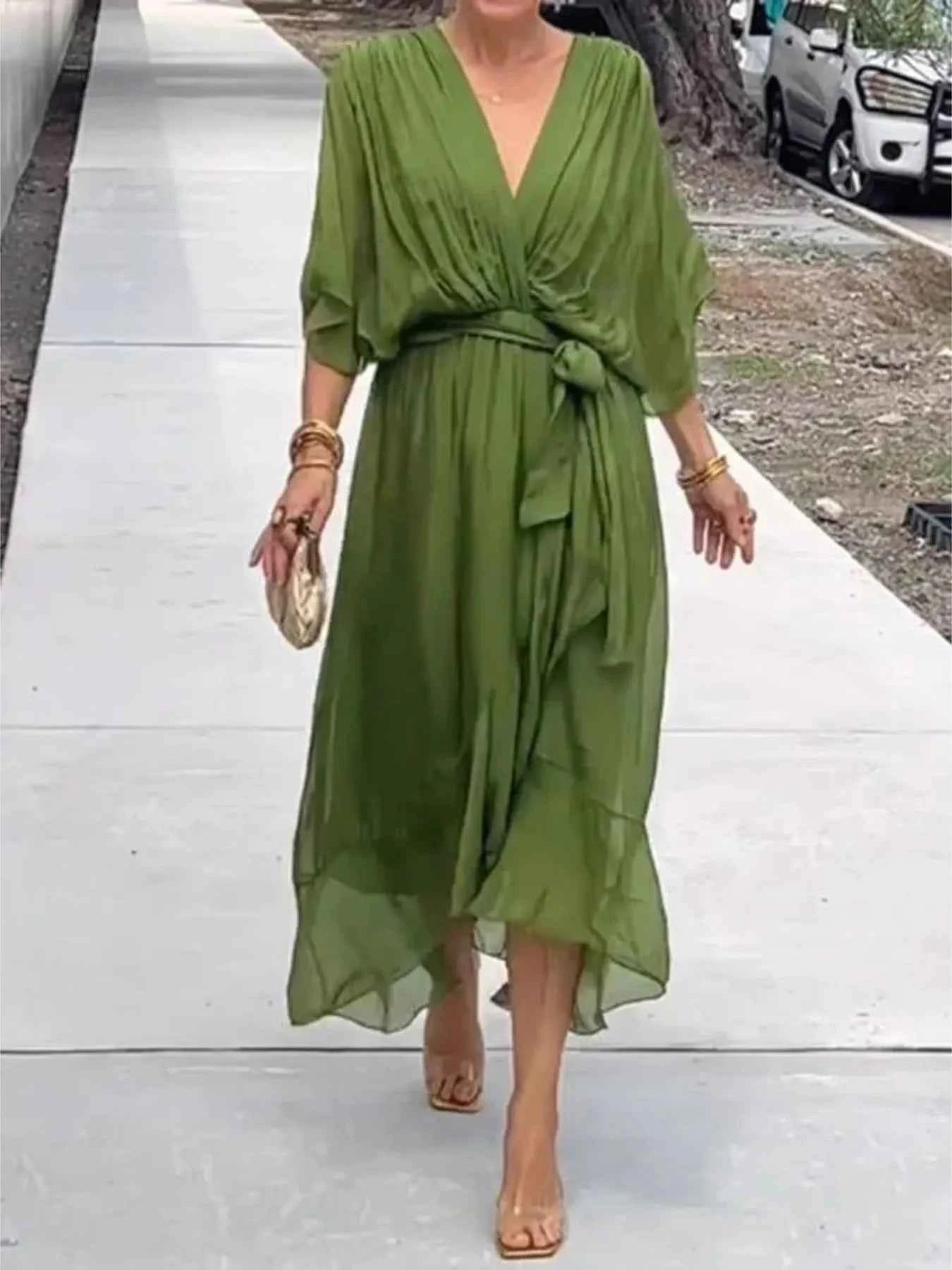 Flowy Tie Front Midi Dress with Flutter Sleeves