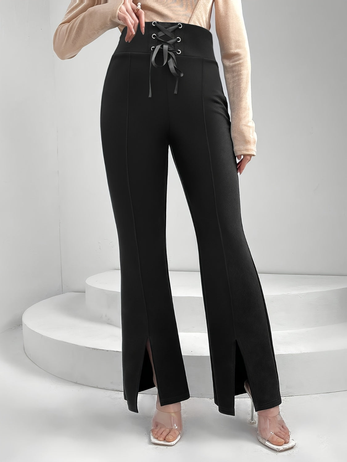 LuxeStyle Lace Up Slit Bootcut Pants – Stylish Crisscross Design See size chart under “more details” by The Fashion Celestial