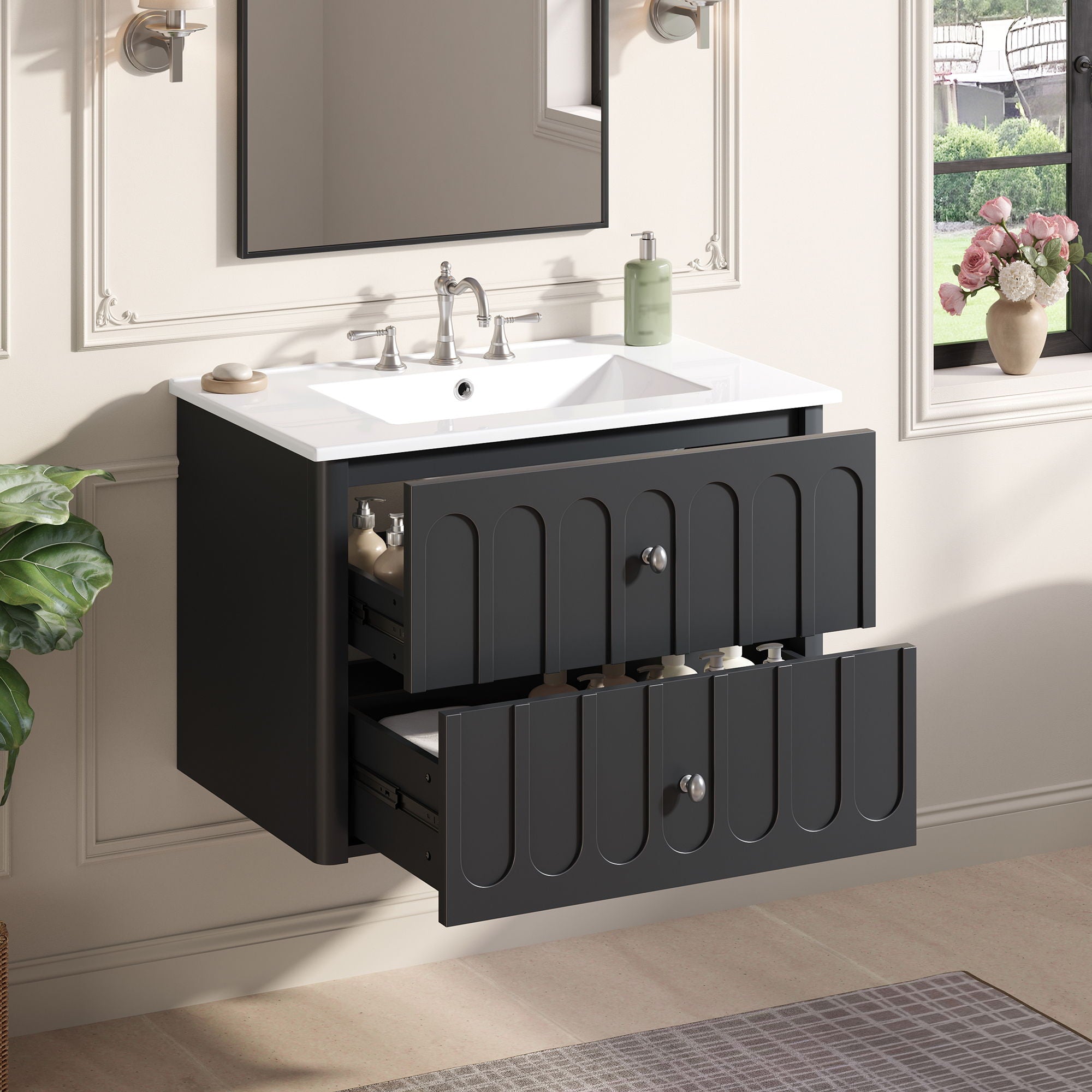 Floating Bathroom Vanity With Oval Knobs & Round Edge, Soft Close Drawer Slides by Unique Piece Furniture
