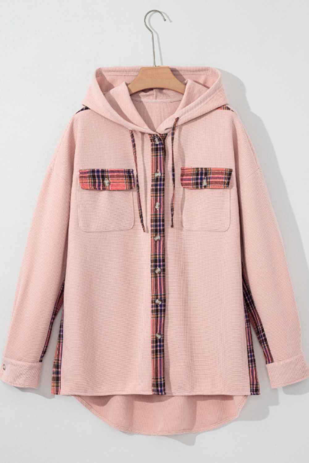 Waffle Knit Plaid Patchwork Drawstring Hooded Shacket by Wild and Free Boutique