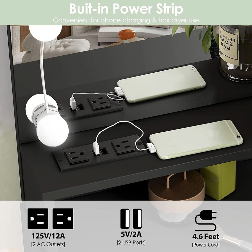 Black Makeup Vanity Table With Lighted Mirror And USB Ports by ShipItFurniture