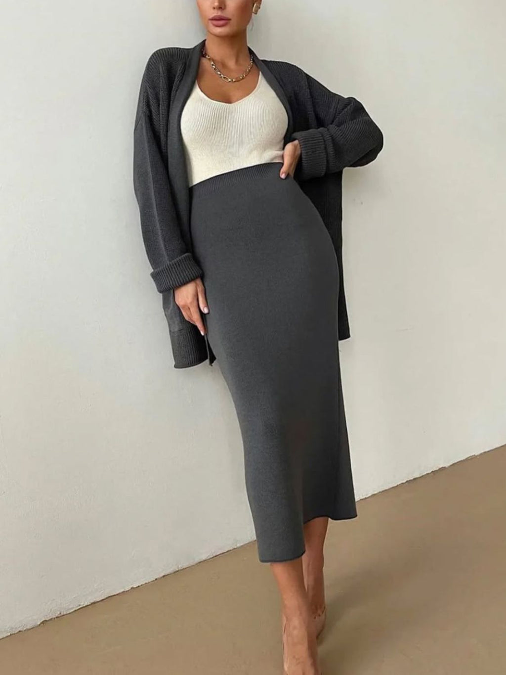 Pocketed Long Sleeve Cardigan and Skirt Sweater Set by Wild and Free Boutique