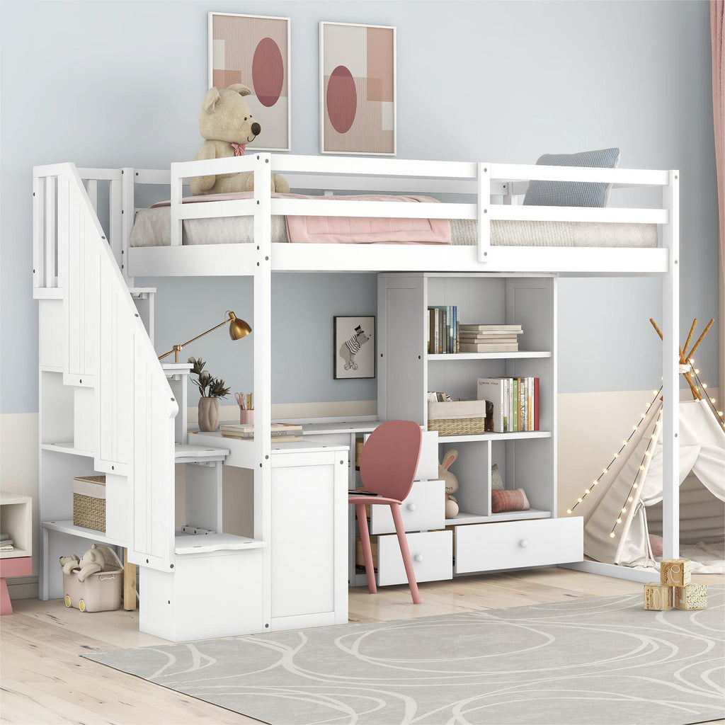 Loft Bed With L Shaped Desk, Drawers, Cabinet, And Storage Staircase by Unique Piece Furniture