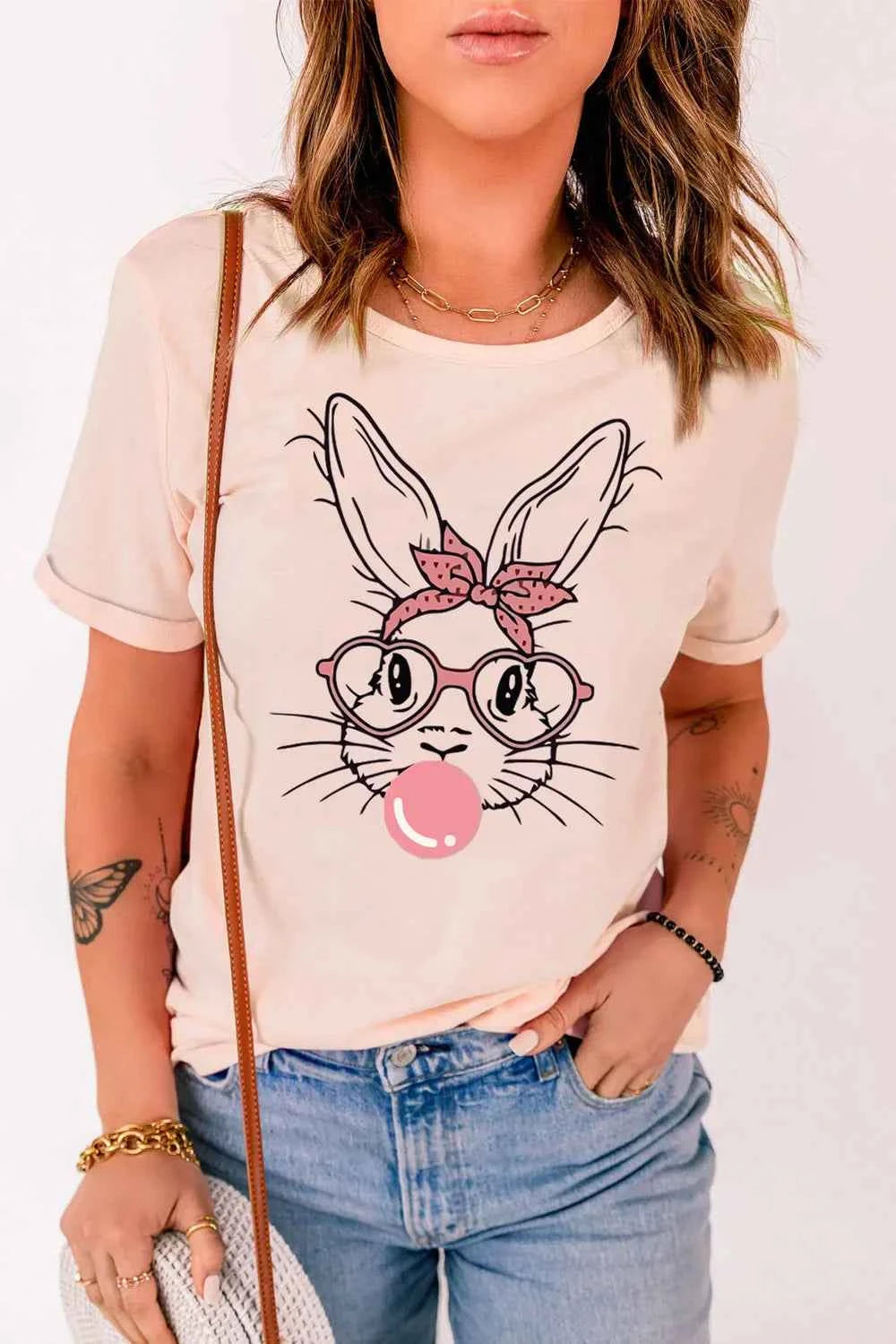 Rabbit Graphic Round Neck Short Sleeve T-Shirt by Wild and Free Boutique