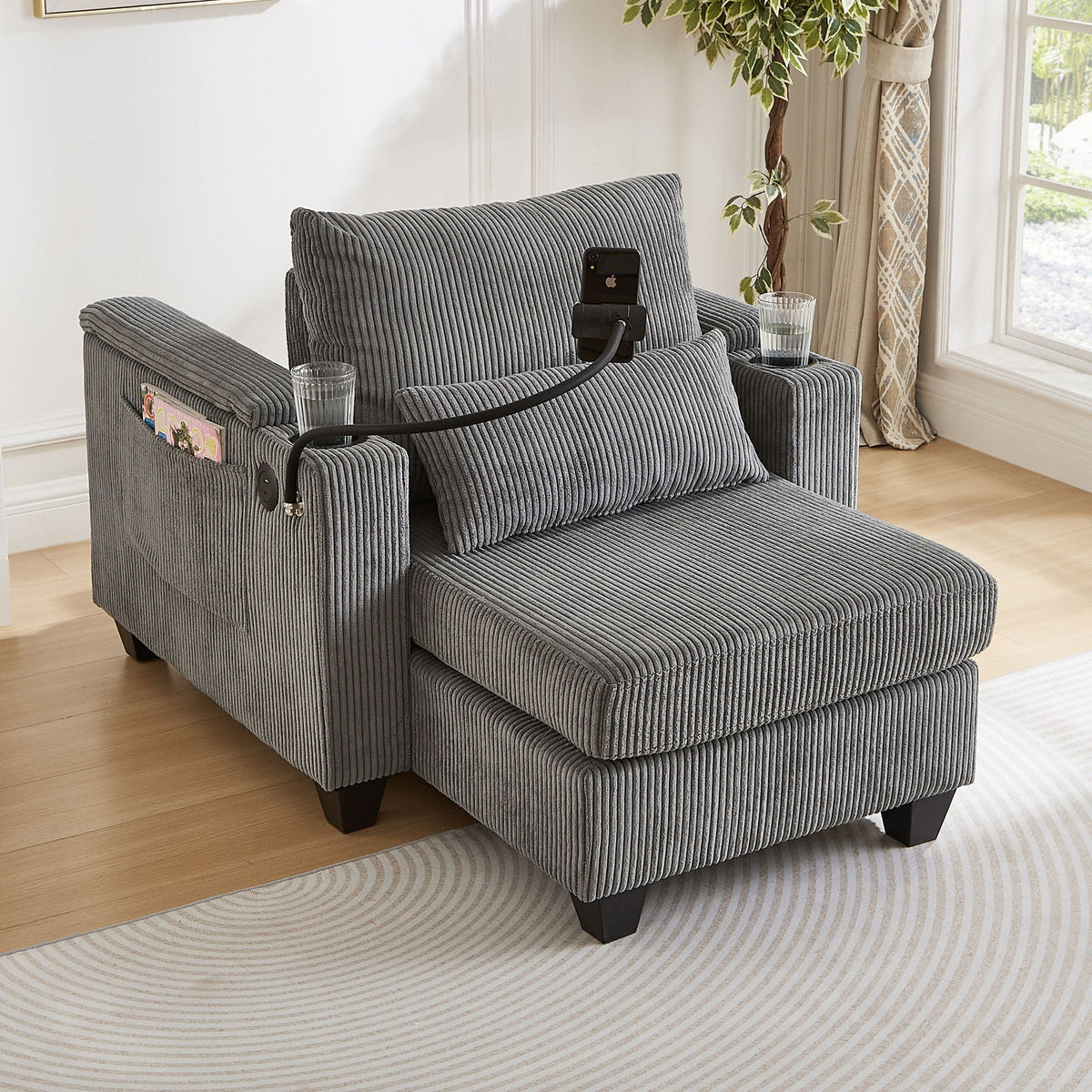 Convertible Chaise Lounge Sofa Chair With USB Ports, Cup Holders, Phone Holder And Storage by Unique Piece Furniture