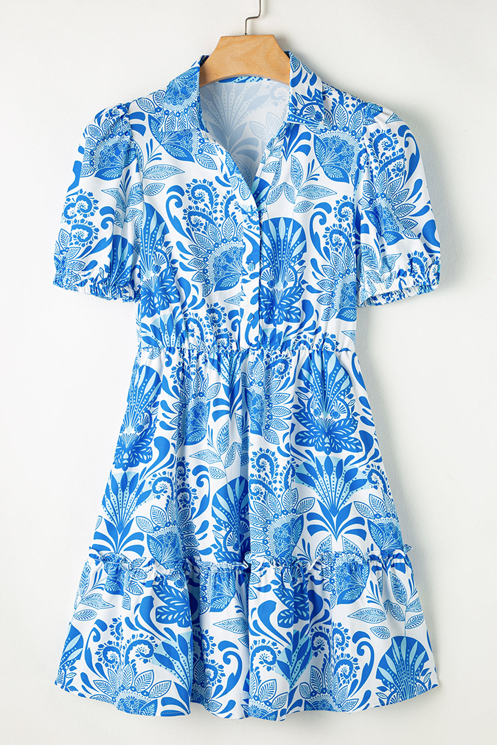 Sky Blue Retro Floral Print Drawstring Waist Ruffled Mini Dress by Dear-Lover Dropshipping