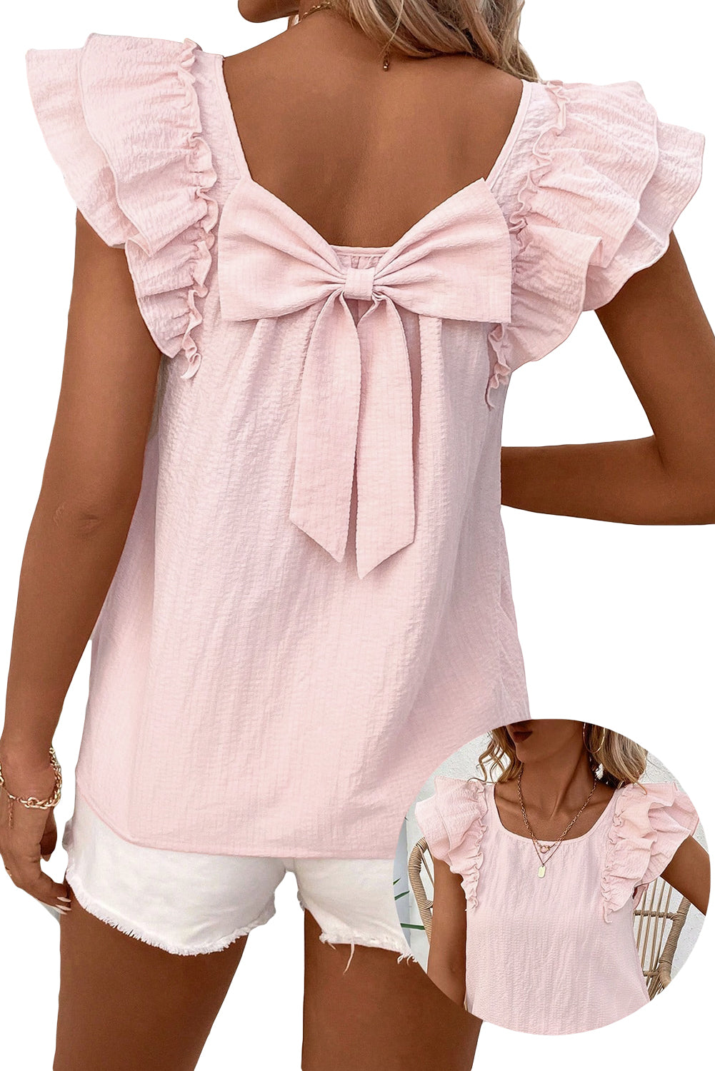 Gossamer Pink Textured Bow Frilled Ruffle Sleeve Blouse by Wild and Free Boutique