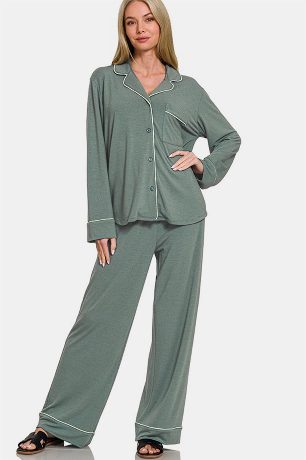 Zenana Button Down Long Sleeve Top and Pants Lounge Set by Wild and Free Boutique